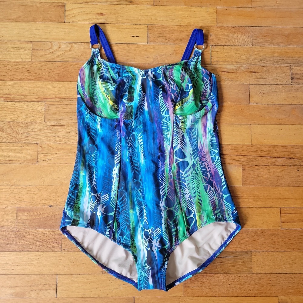 Leonisa One Piece Swimsuit 16 Abstract Feather Print Scoop Neck Beach Cruise